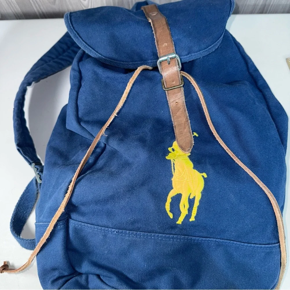 Vtg Polo Ralph Lauren Blue Backpack Embroidered‎ Yellow Pony Logo Canvas Leather